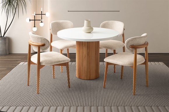 Levent Mtk.0264-247 Ptt Yuvarlak Ayak Masa 100*100 + Polo Ahşap Sandalye Beyaz Meşe