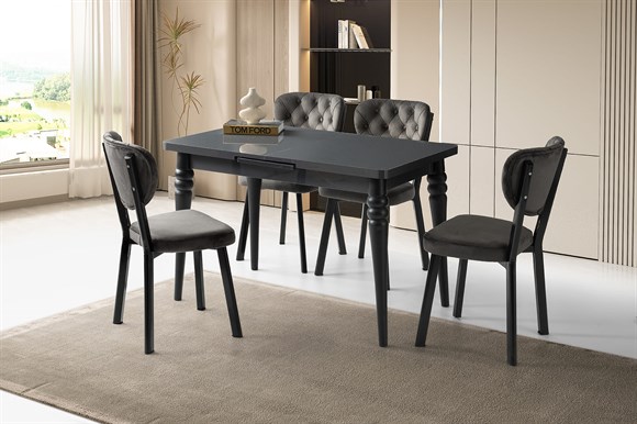 Levent Mtk.0252-287 70x120 Ay Masa Highgloss Antrasit Siyah / Siyah Torna Ayak / Rivone Sandalye Gri Siyah